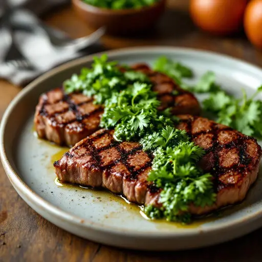 Grilled Chimichurri Skirt Steak styled food shot