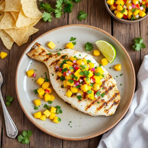 Grilled Fish with Mango Salsa styled food shot