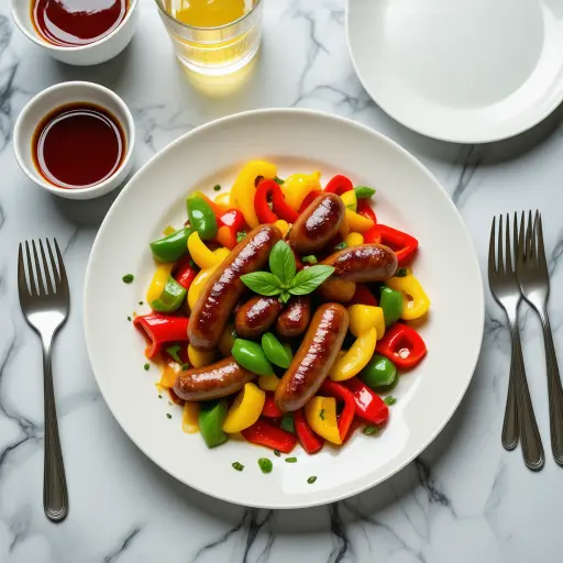 Grilled Sausage and Peppers styled food shot