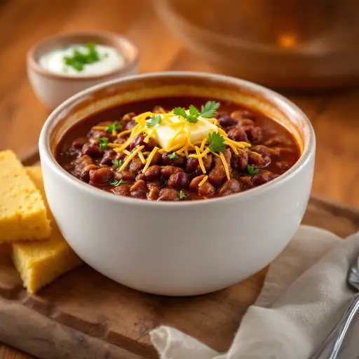 Hearty Beef and Bean Chili styled food shot