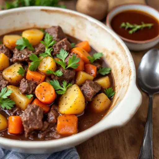 Hearty Beef Stew with Root Vegetables styled food shot