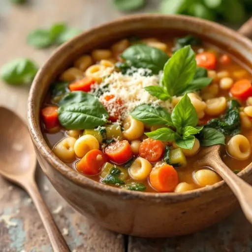 Hearty Italian Minestrone Soup styled food shot