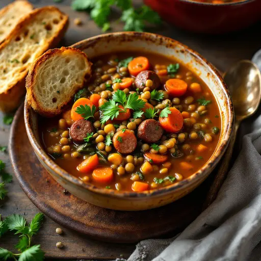 Hearty Lentil and Sausage Soup styled food shot