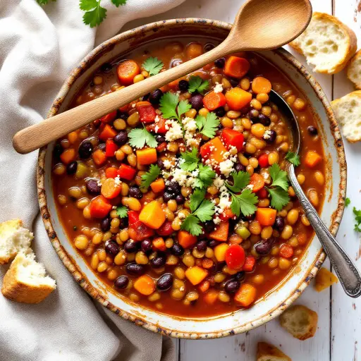 Hearty Lentil Chili with Vegetables styled food shot