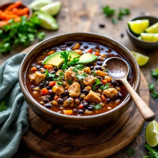 Hearty Mexican Black Bean and Pork Soup styled food shot