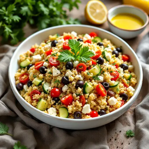 Herbed Couscous Salad with Mediterranean Vegetables styled food shot