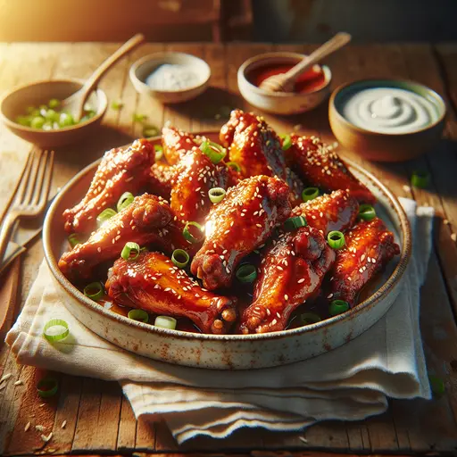 Honey Garlic Buffalo Wings styled food shot