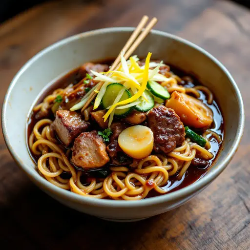 Korean Jjajangmyeon (Black Bean Noodles) styled food shot