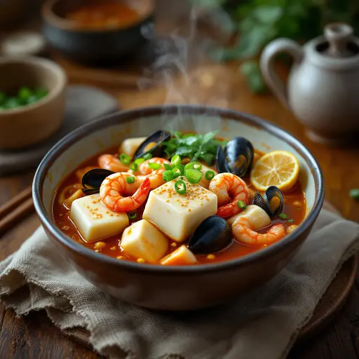 Korean Sundubu-jjigae (Soft Tofu Stew) styled food shot