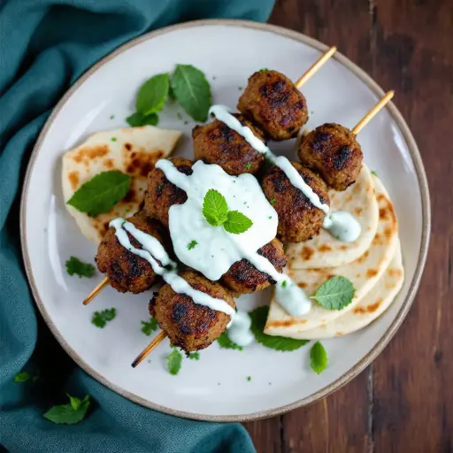 Lamb Kofta with Mint Yogurt Sauce styled food shot