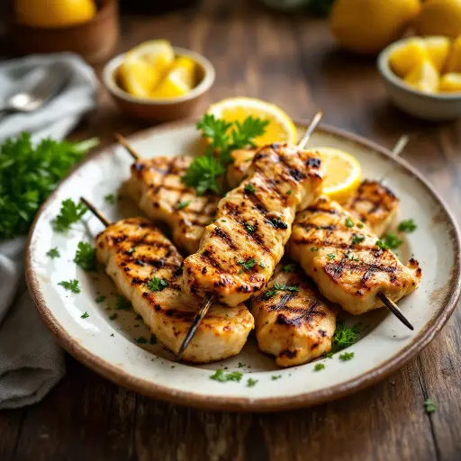 Lemon Herb Grilled Chicken Skewers styled food shot