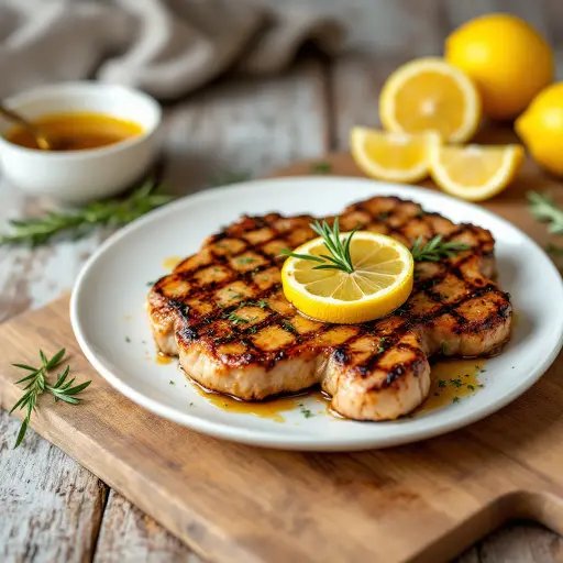 Lemon Herb Grilled Pork Chops styled food shot