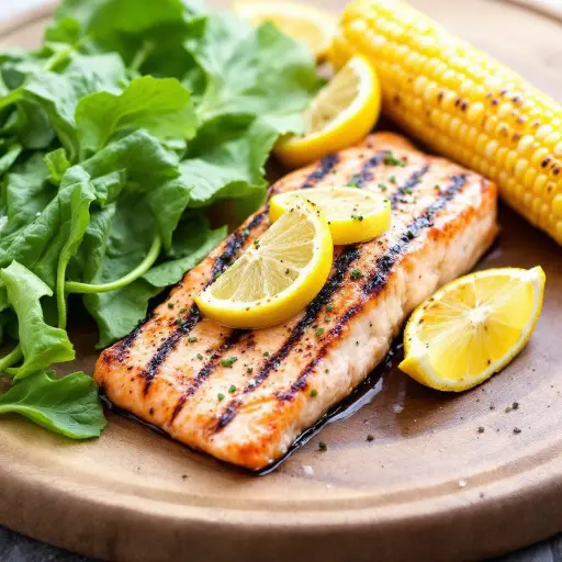 Lemon Herb Grilled Salmon with Southern-Style Vegetables styled food shot