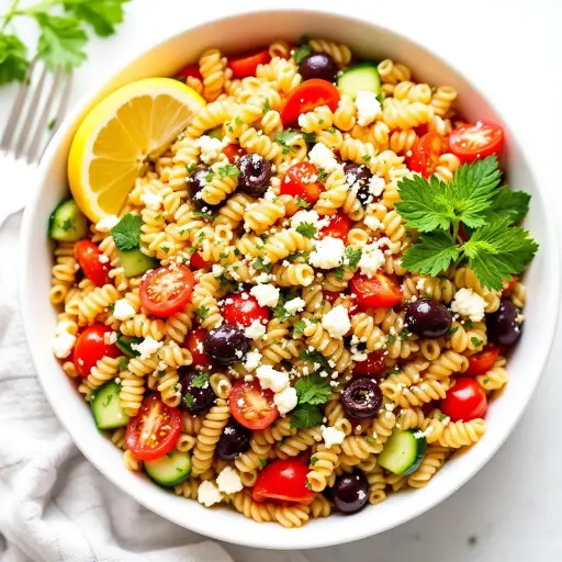 Mediterranean Orzo Salad styled food shot