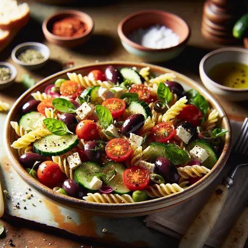 Mediterranean Pasta Salad styled food shot