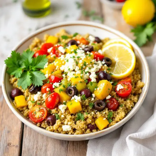 Mediterranean Quinoa Bowl styled food shot