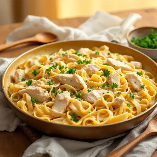 One-Pan Chicken Alfredo styled food shot