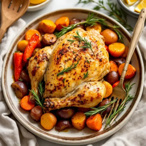 One-Pan Lemon Herb Roasted Chicken and Veggies styled food shot
