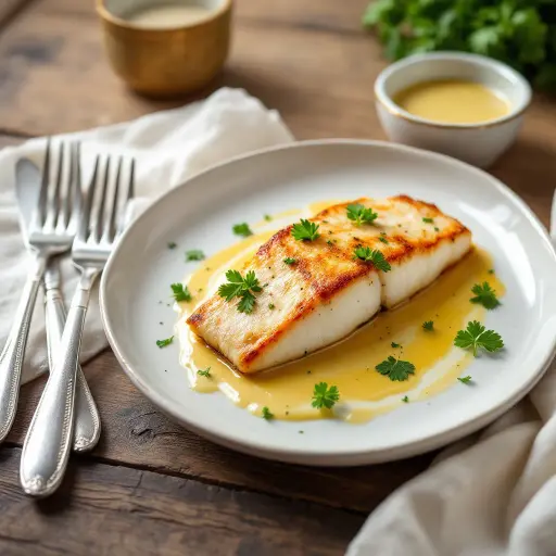 Pan-Seared Fish with White Wine Sauce styled food shot