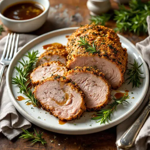 Perfect Oven Roasted Pork Tenderloin with Herb Crust styled food shot
