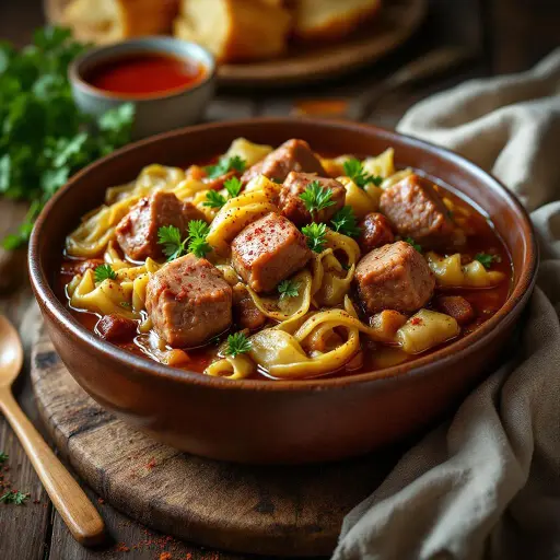 Pork Butt and Cabbage Stew styled food shot