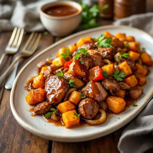 Pork Butt and Sweet Potato Hash styled food shot