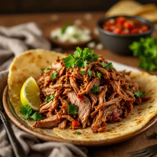 Slow-Cooked Pork Carnitas with Citrus and Spices styled food shot