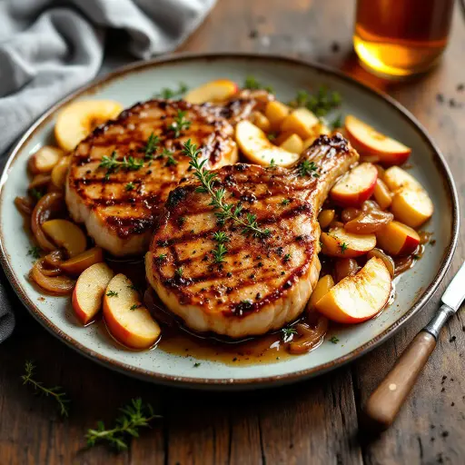 Pork Chops with Apples and Onions styled food shot