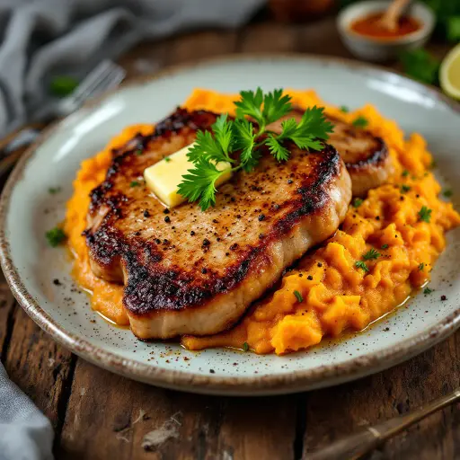 Pork Chops with Sweet Potato Mash styled food shot