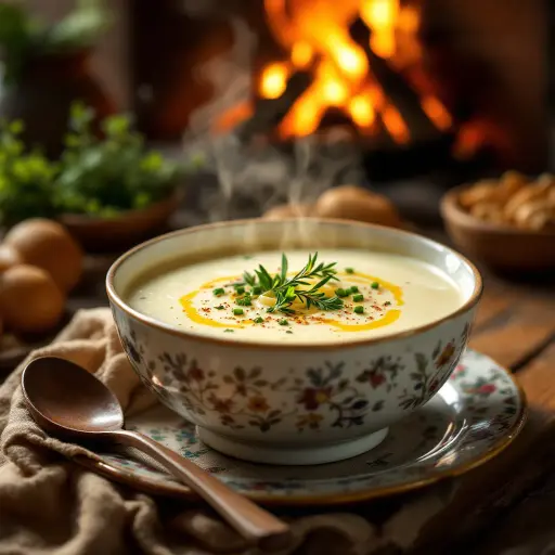 Creamy Potato and Leek Soup with Fresh Herbs styled food shot