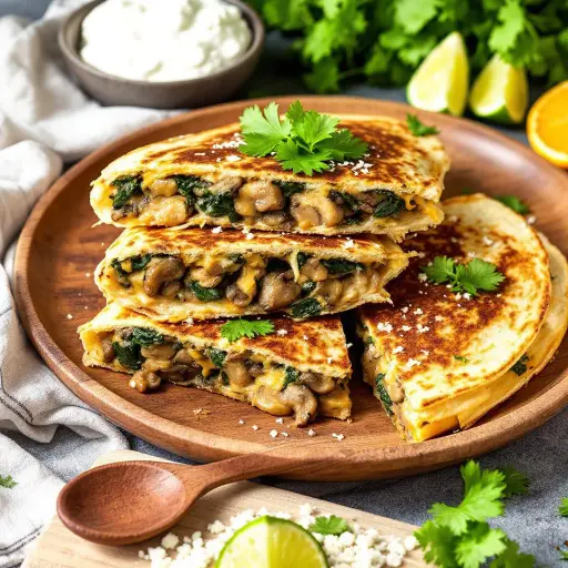 Quesadillas with Mushrooms and Spinach styled food shot