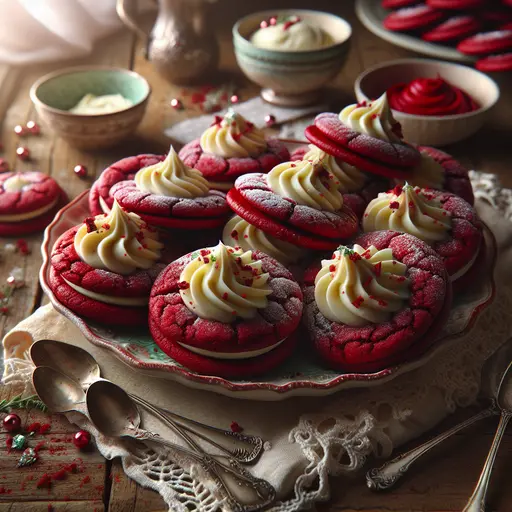 Red Velvet Cookies with Cream Cheese Frosting styled food shot