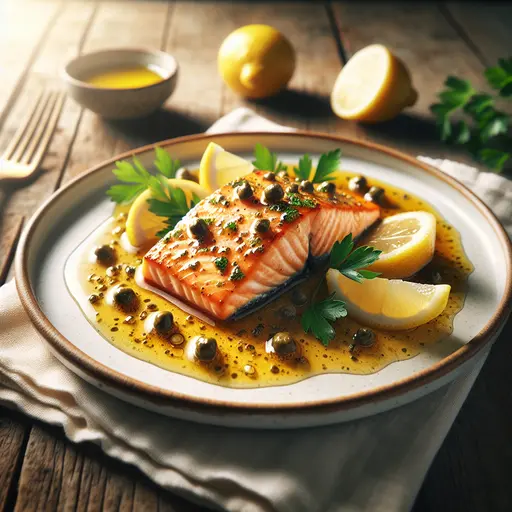 Salmon Piccata styled food shot