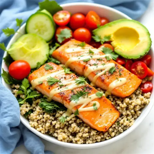 Salmon Quinoa Bowl styled food shot