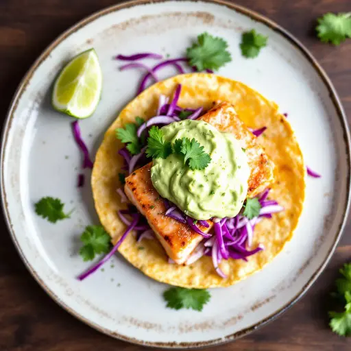 Salmon Tacos with Avocado Crema styled food shot