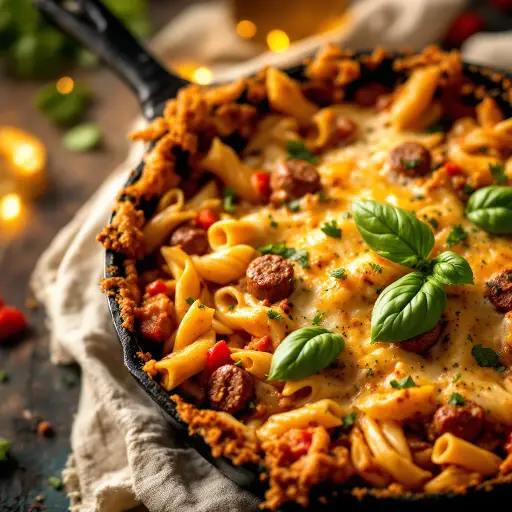 Skillet Baked Ziti with Sausage and Peppers styled food shot