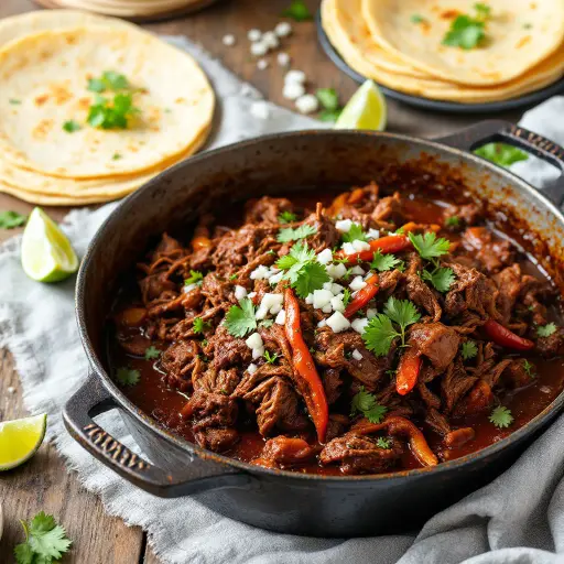 Slow-Cooked Beef Barbacoa with Roasted Peppers styled food shot