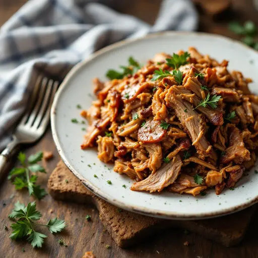 Slow-Cooked Pulled Pork from Rib Tips styled food shot