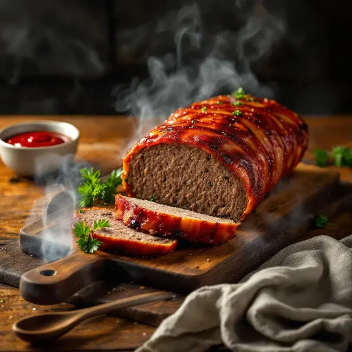 Smoked Bacon-Wrapped Meatloaf styled food shot