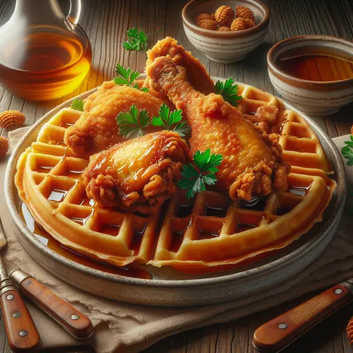 Southern Chicken and Waffles styled food shot