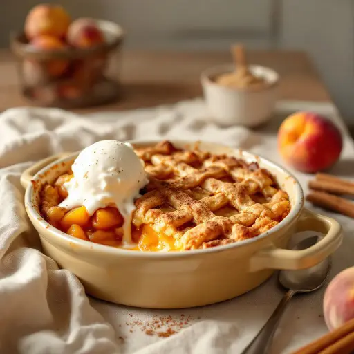 Southern Peach Cobbler with a Crispy Crust styled food shot