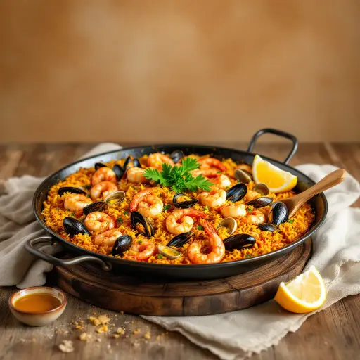 Spanish Seafood Paella styled food shot