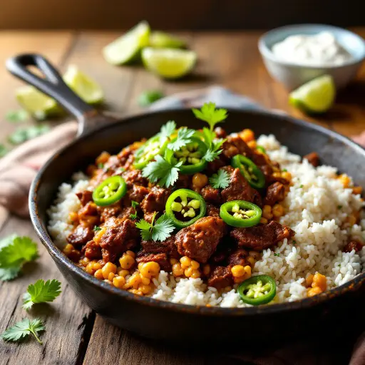 Spicy Beef and Jalapeño Rice Skillet styled food shot