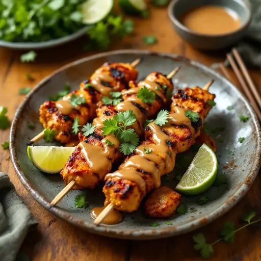 Spicy Chicken Skewers with Peanut Sauce styled food shot