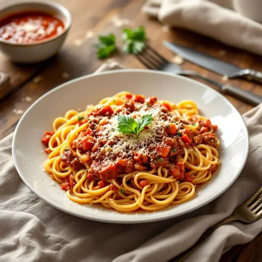 Spicy, Creamy Weeknight Bolognese styled food shot
