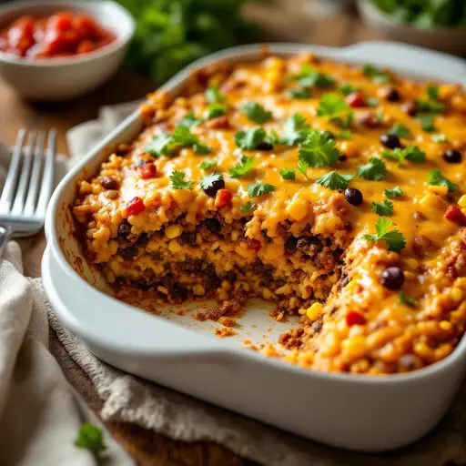 Spicy Mexican Beef and Rice Casserole styled food shot