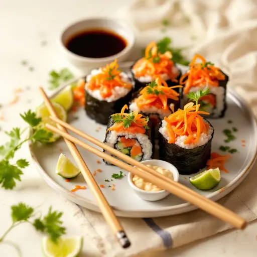 Spicy Salmon Sushi Rolls styled food shot