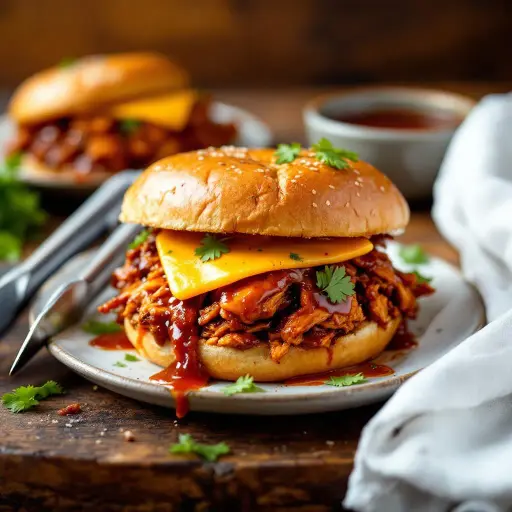 Spicy Smoky Barbecue Pulled Chicken Sandwiches styled food shot
