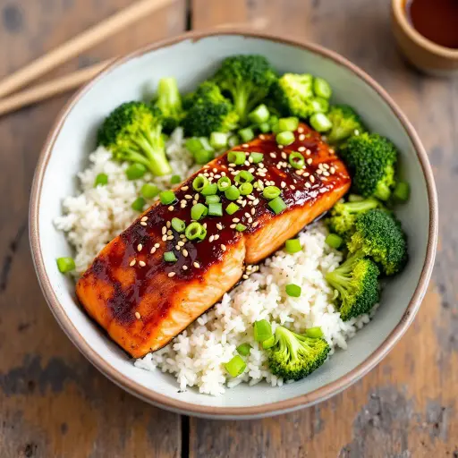 Teriyaki Salmon Bowls styled food shot