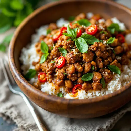 Thai Spicy Basil Pork Stir-Fry styled food shot